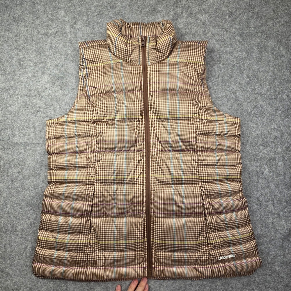 Lands End Womens Brown Plaid Down Puffer Vest Tall Large 14-16 Full Zip Quilted